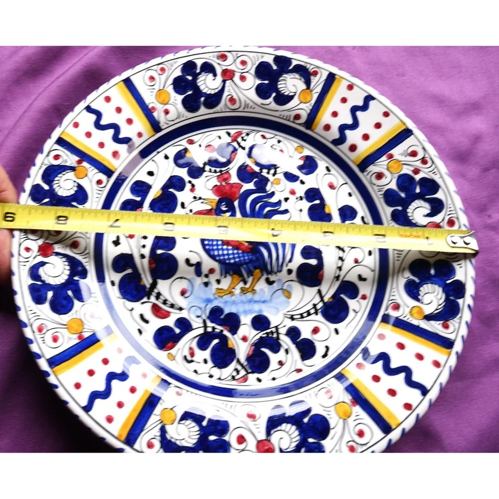 Fima Deruta Italy Hand Painted Rooster Plate Blue Round 8.5